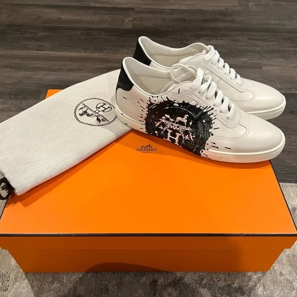 Authentic HERMES Swift Printed Peinture Quicker Sneakers White Black 38 shoes - Picture 1 of 13